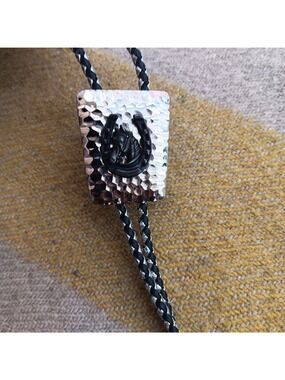 Vintage 36" 1960's Cowboy Western Silver & Black Horsehead Bolo Tie Braided Cord